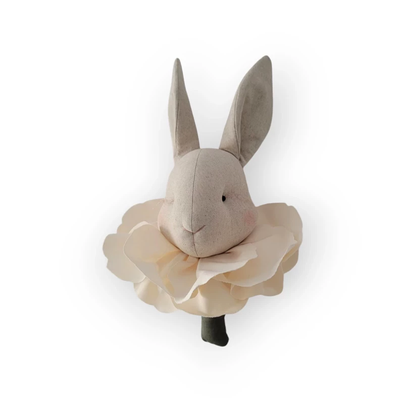 Trophée - Lapin en lin naturel & fleurs ivoire