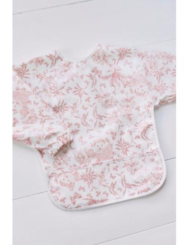Bavoir manche longue -Toile enduite Toile de Jouy rose thé