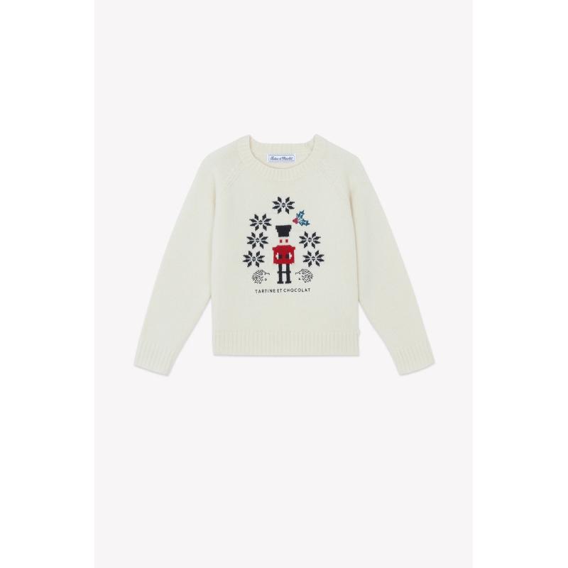 Pull - Ecru broderie casse noisette