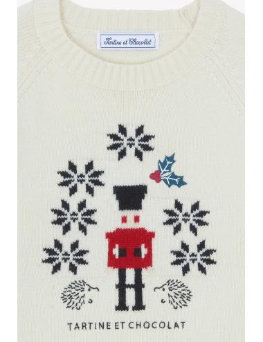 Pull - Ecru broderie casse noisette