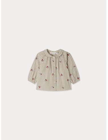 Blouse Domino à carreaux rebrodée de cerises en coton biologique