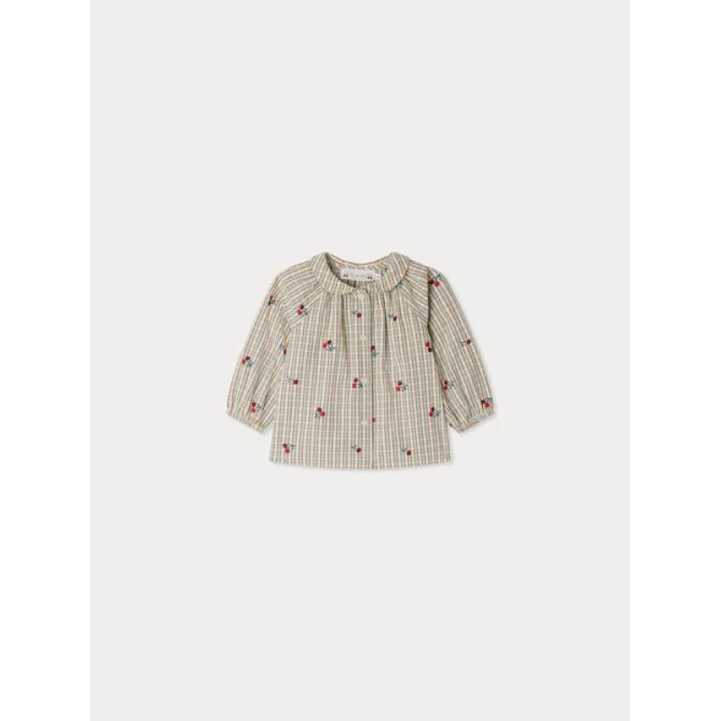 Blouse Domino à carreaux rebrodée de cerises en coton biologique