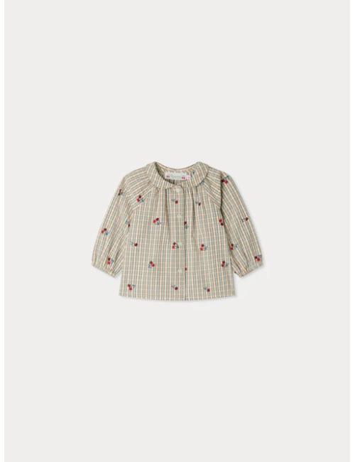 Blouse Domino à carreaux rebrodée de cerises en coton biologique