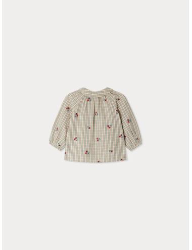 Blouse Domino à carreaux rebrodée de cerises en coton biologique