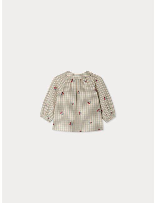 Blouse Domino à carreaux rebrodée de cerises en coton biologique