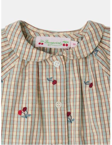Blouse Domino à carreaux rebrodée de cerises en coton biologique