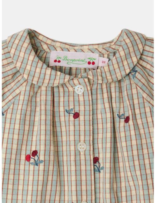 Blouse Domino à carreaux rebrodée de cerises en coton biologique