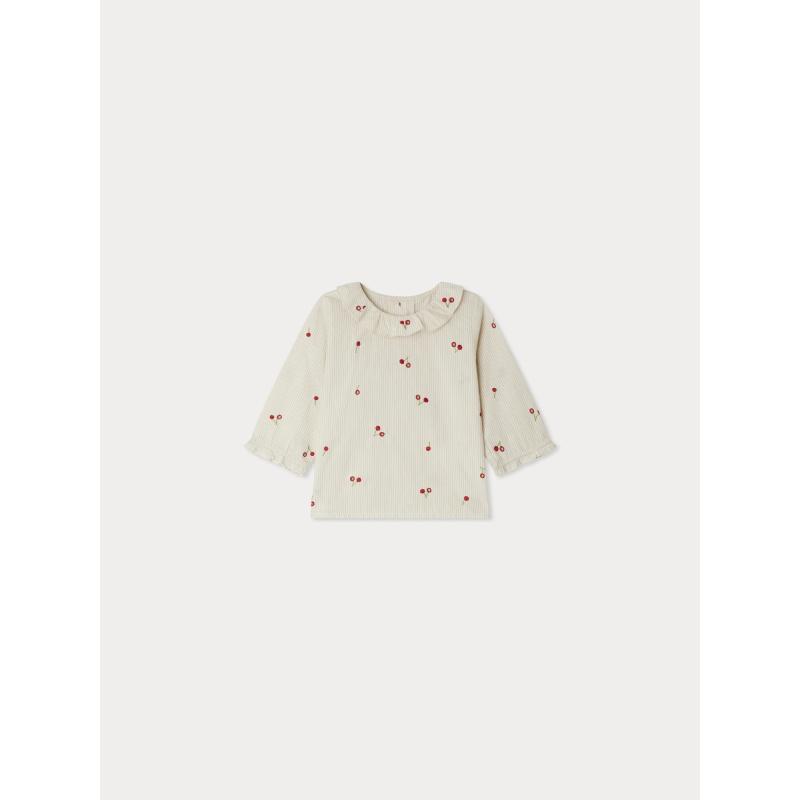 Blouse Ganiti en coton biologique rayé et rebrodé de cerises