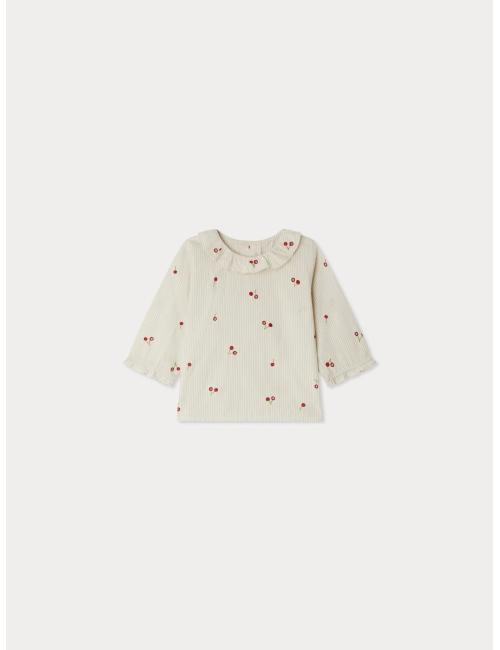 Blouse Ganiti en coton biologique rayé et rebrodé de cerises