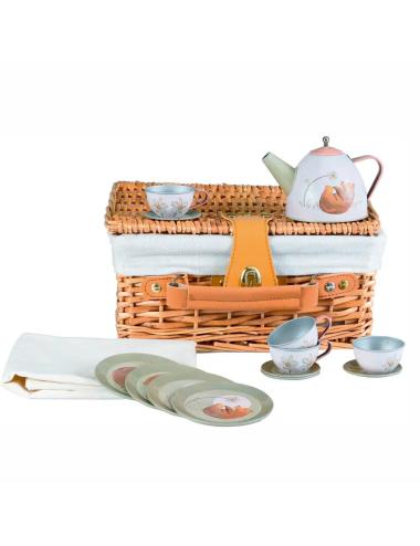 Set de thé en metal foret dans valise en osier