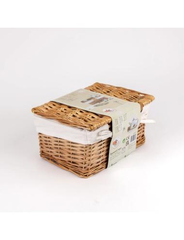 Set de thé en metal foret dans valise en osier