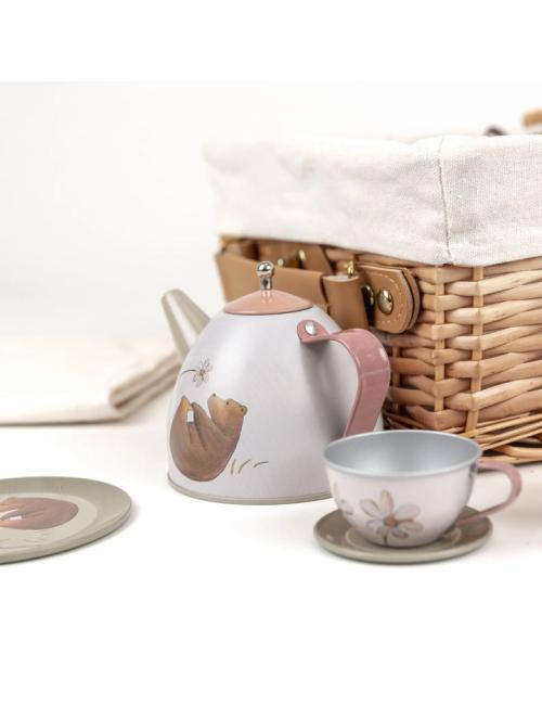 Set de thé en metal foret dans valise en osier