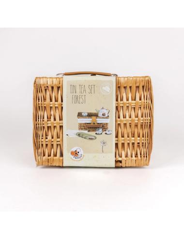 Set de thé en metal foret dans valise en osier