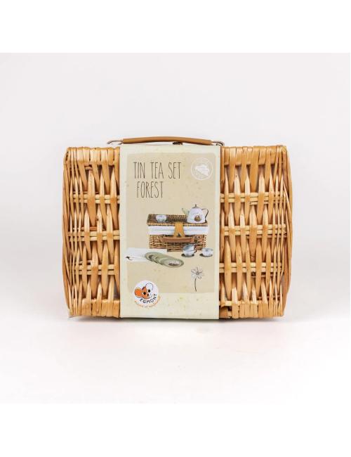 Set de thé en metal foret dans valise en osier